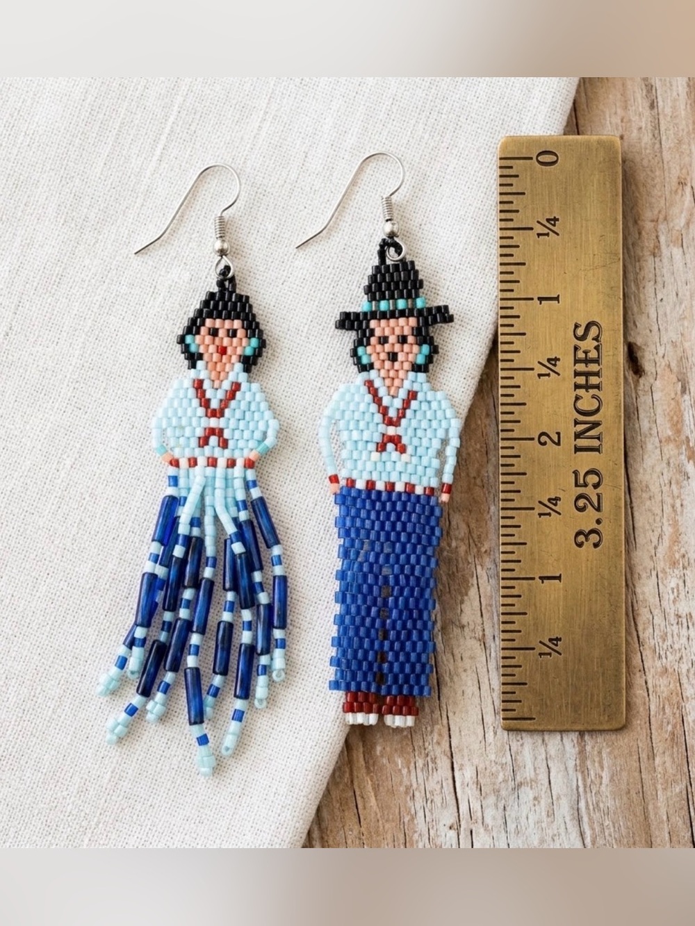 Handmade Southwest Style Turquoise & Blue Beaded Folk Art Couple Dangle Earrings